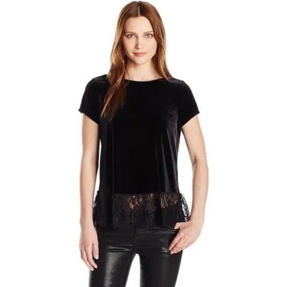 Adrianna Papell Top Black Stretch Velvet Lace Hem, Size M